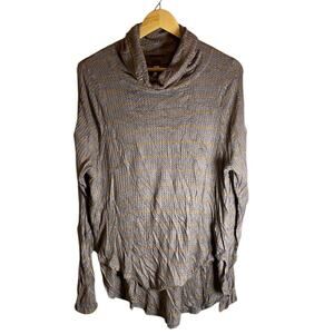 We The Free Brown Striped Waffle Knit Cowl Neck Blouse